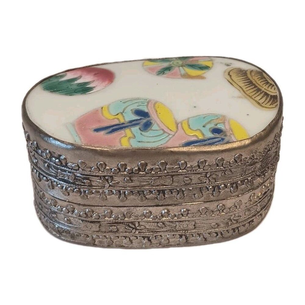 VTG Chinese Porcelain Shard Trinket Box Silver Plated Pastel Pink Blue Yellow